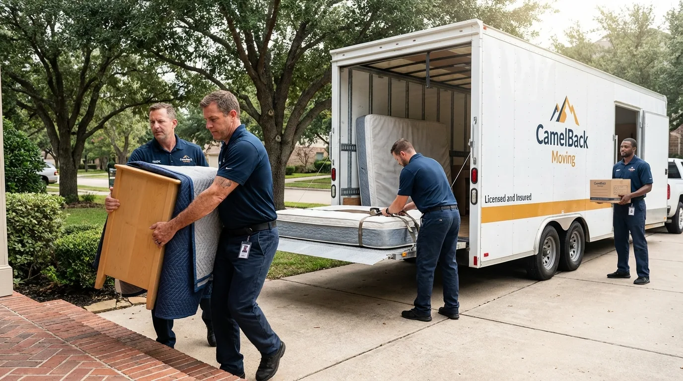 Crew loading residential truck for cross-state move from Rumford, ME