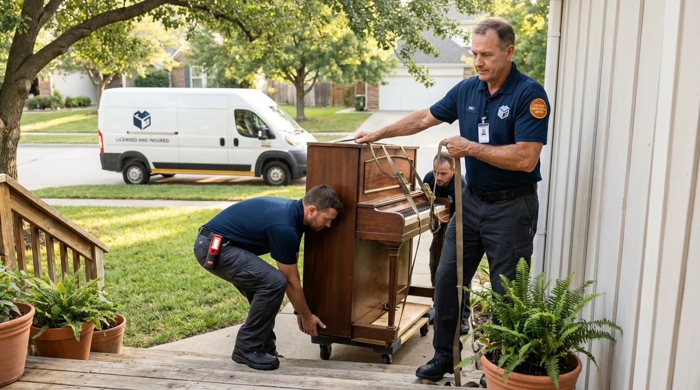 Licensed piano movers securing grand piano in Rumford, ME