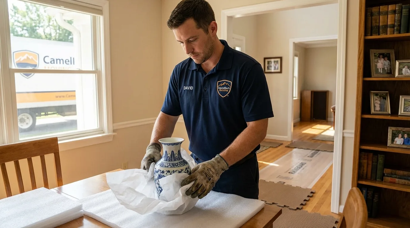 Professional crew carefully wrapping antique vase for senior downsizing move in Rumford, ME