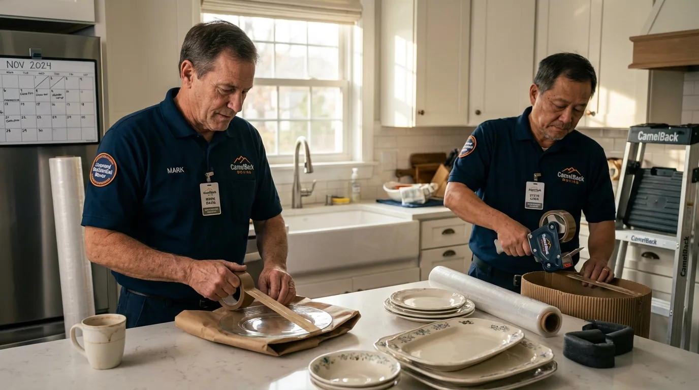 Professional crew packing kitchen dishware in Rumford, ME